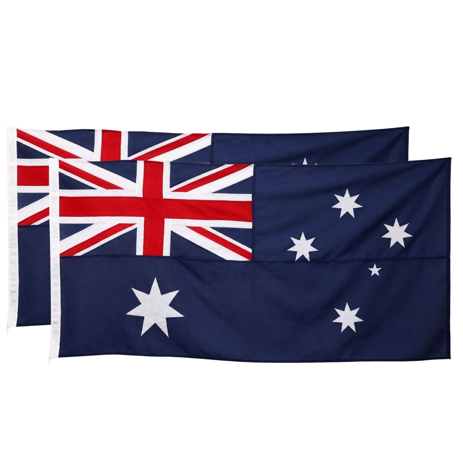 Two Australian flags displayed overlapping on a plain white background, with one flag showing the Union Jack in the canton and the other showing the star field on a dark blue field.