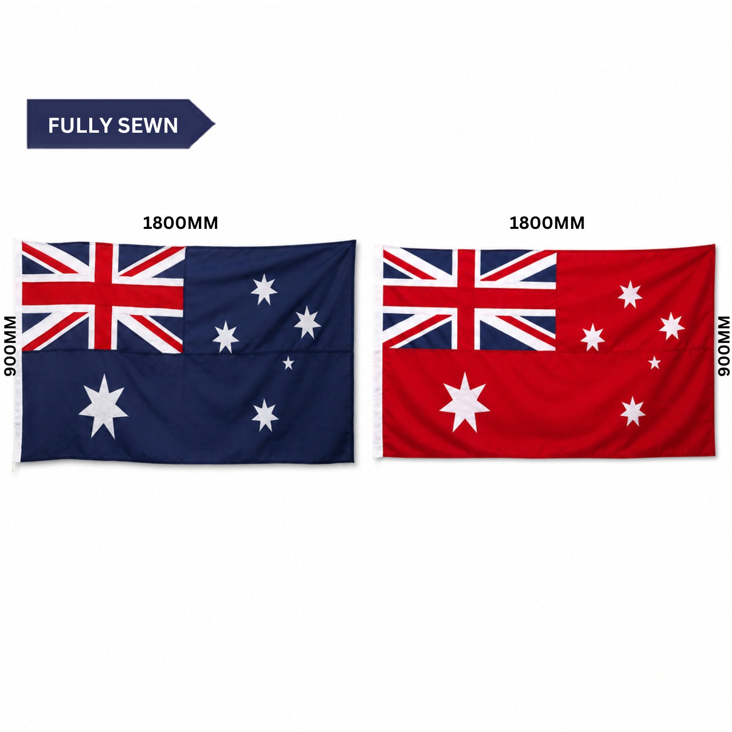 Two Fullly Sewn Australian flags shown side by side on a white background, labeled 1800mm in width, with text indicating fully sewn flags and size measurements along the left edge.