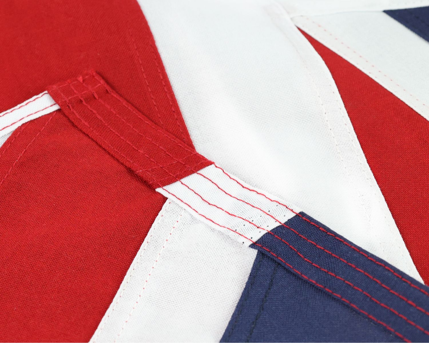 Close-up of the United Kingdom flag corner showing reinforced stitching and sewn fabric panels.