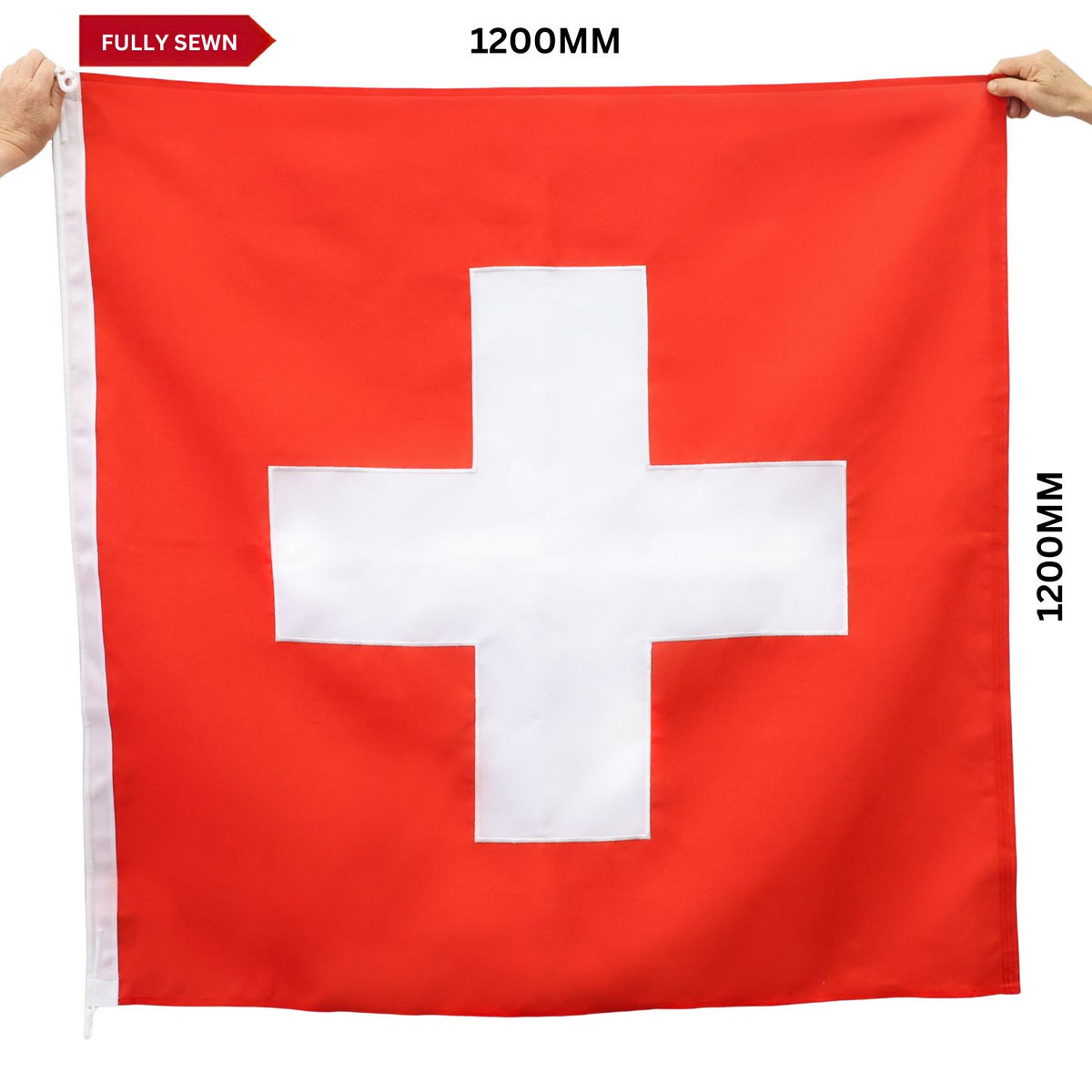A red Swiss flag with a white cross, held by two hands at the top corners. White text on the image indicates the dimensions are 1200mm by 1200mm.